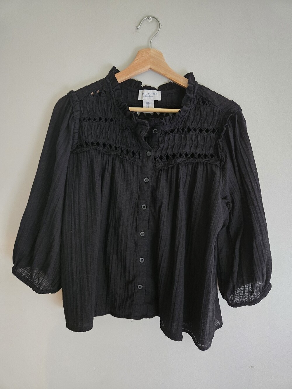 Calypso St. Barth Black Cotton Ruffle Pintuck Blouse L Boho Romantic Prairie Top